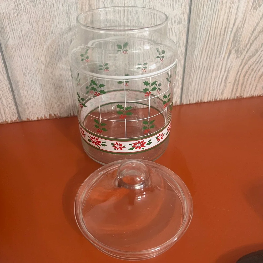 Vintage Christmas Glass Canister Holly Berry Poinsettia Holiday Jar with Lid